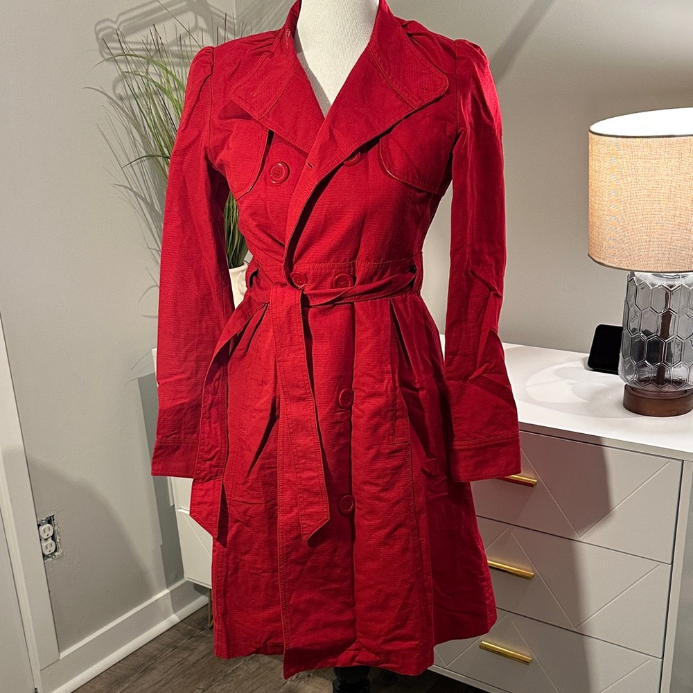Tulle Sleek Red Trench Coat with Pockets
